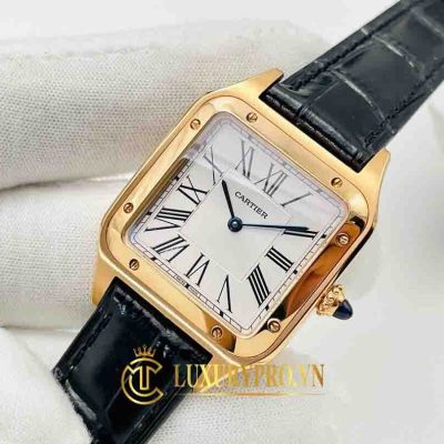 Đồng Hồ Nữ Cartier Santos Dumont White Dial Black Leather Strap dong ho hieu cartier 2
