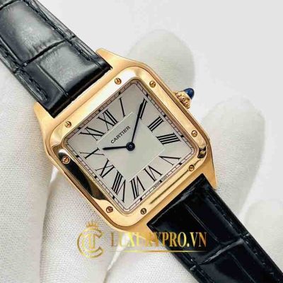 Đồng Hồ Nữ Cartier Santos Dumont White Dial Black Leather Strap dong ho hieu cartier 3