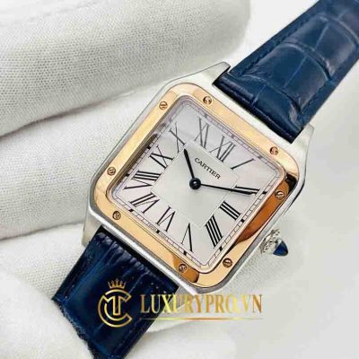 Đồng Hồ Nữ Cartier Santos White Dial Demi Gold Blue Leather Strap gia dong ho cartier 2