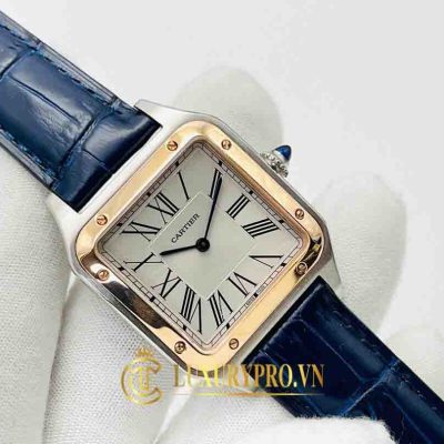 Đồng Hồ Nữ Cartier Santos White Dial Demi Gold Blue Leather Strap gia dong ho cartier 3