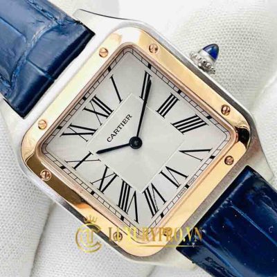 Đồng Hồ Nữ Cartier Santos White Dial Demi Gold Blue Leather Strap gia dong ho cartier 9