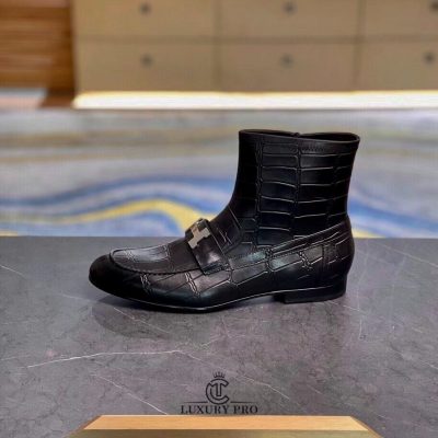 Giày Hermes Chelsea Boot Nam Vân Cá Sấu Logo Bạc giay hermes 1