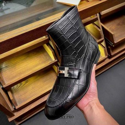 Giày Hermes Chelsea Boot Nam Vân Cá Sấu Logo Bạc giay hermes 4