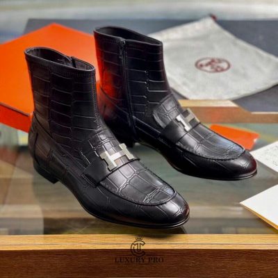 Giày Hermes Chelsea Boot Nam Vân Cá Sấu Logo Bạc giay hermes 5