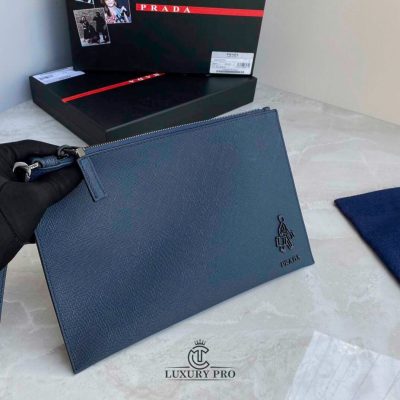 Clutch nam Prada màu xanh logo đen vi da nam prada 4 1
