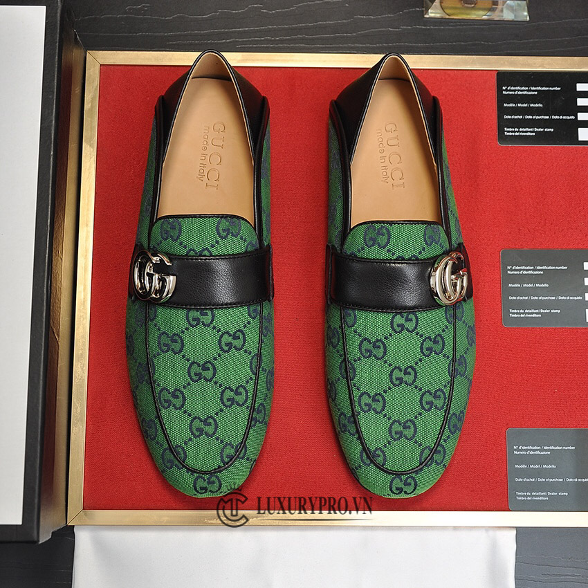 Giày Moca nam Gucci replica màu xanh lá họa tiết monogram